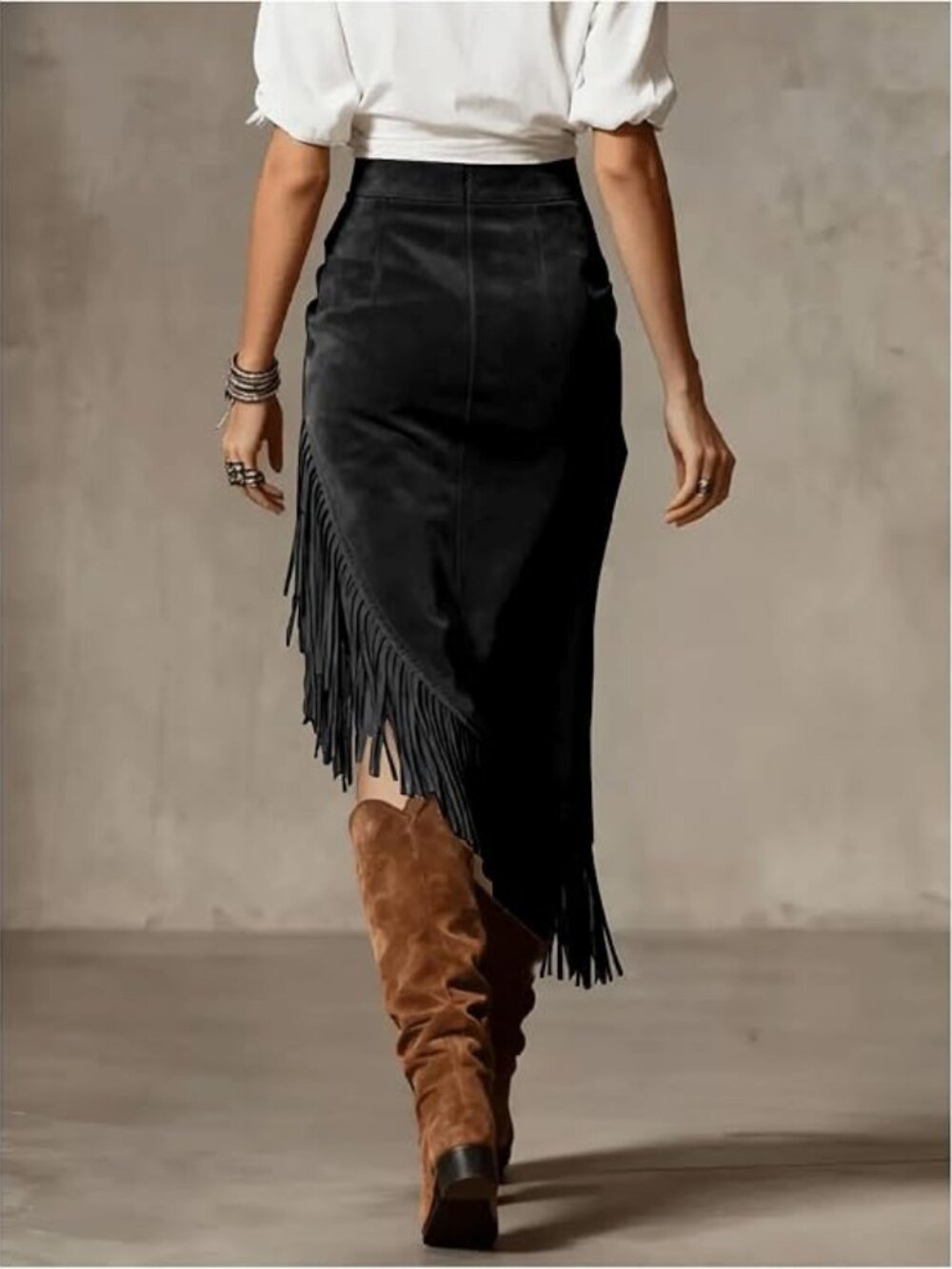 Women's Faux Suede Asymmetrical Tassel Fringe Midi Skirt - NWOT - M